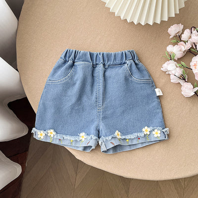 Baby Girl's Floral Embroidered Denim Shorts