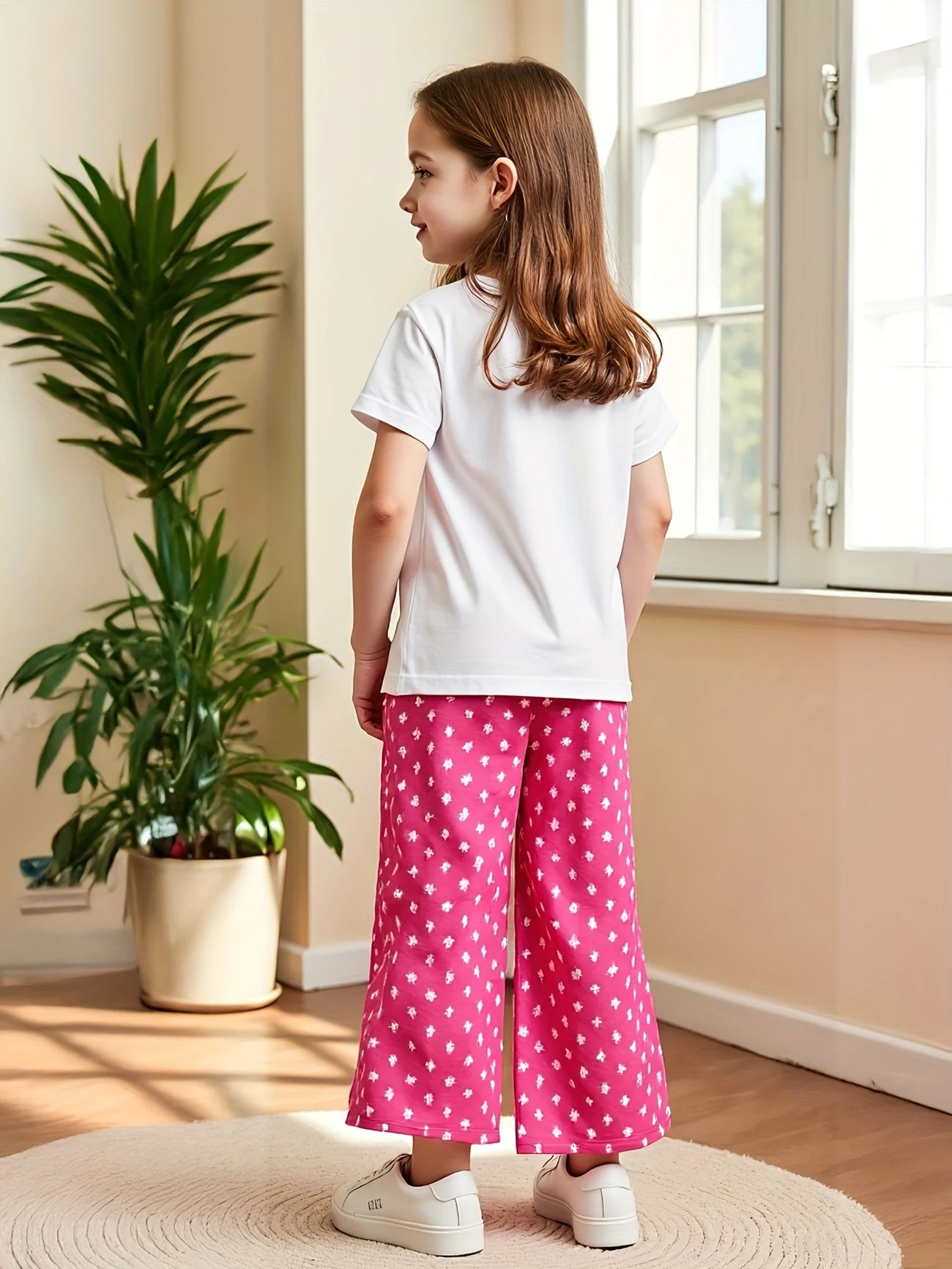 Girls’ Summer Cartoon Outfit Set – Short Sleeve Top & Long Pants