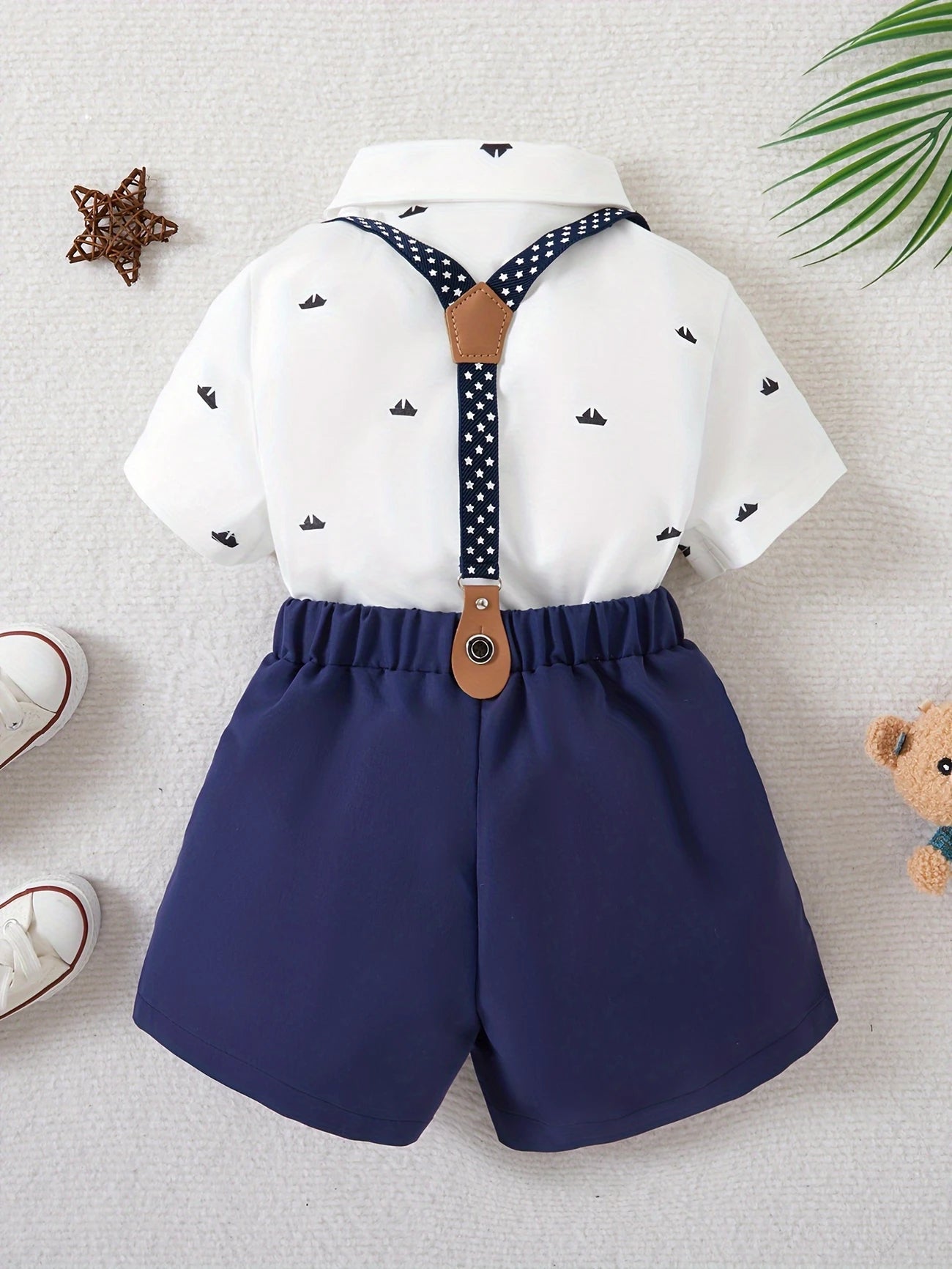 Baby Boy Gentleman Outfit Set – Shirt, Shorts & Bow Tie with Suspenders