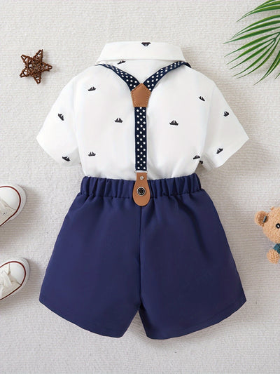 Baby Boy Gentleman Outfit Set – Shirt, Shorts & Bow Tie with Suspenders