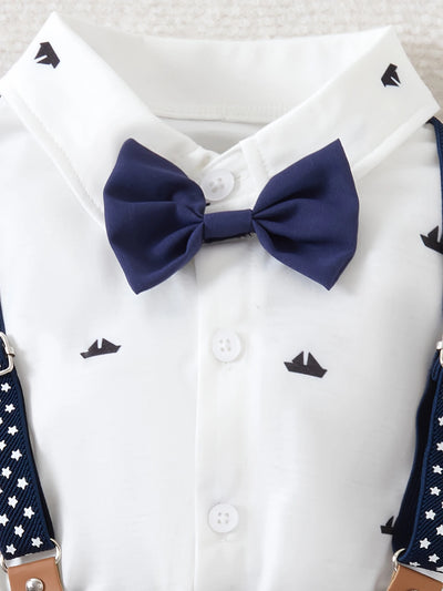 Baby Boy Gentleman Outfit Set – Shirt, Shorts & Bow Tie with Suspenders