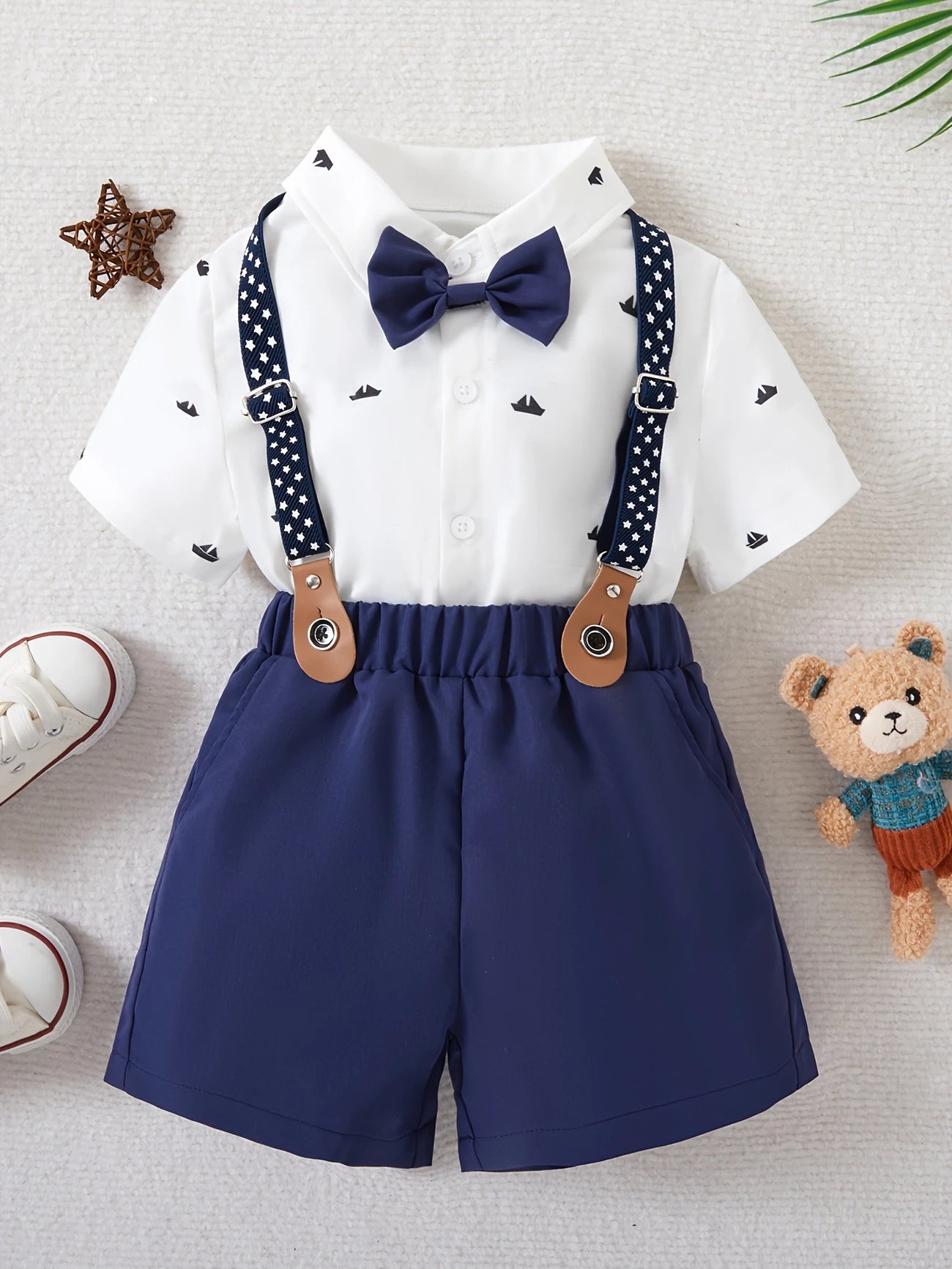 Baby Boy Gentleman Outfit Set – Shirt, Shorts & Bow Tie with Suspenders