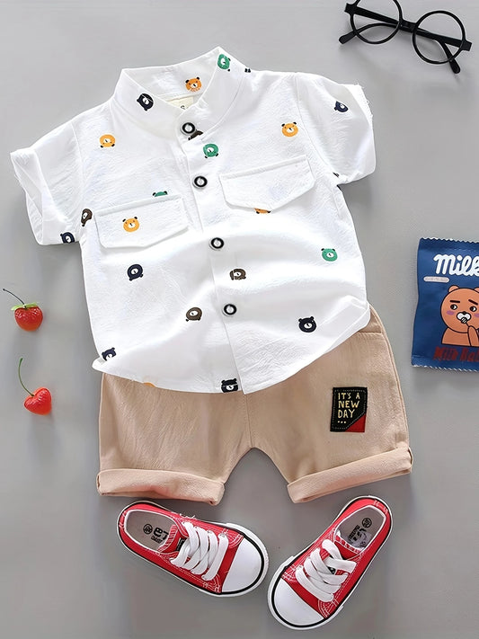 Cartoon Bear Boys' Outfit – Short Sleeve Shirt & Printed Shorts