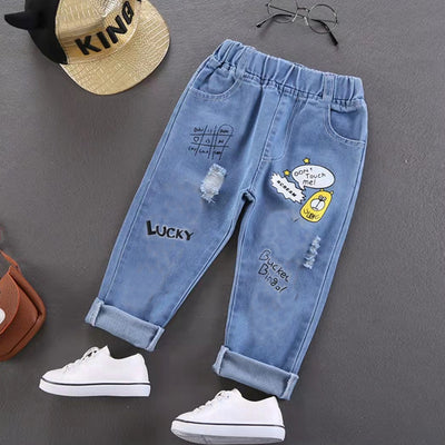 Kids Cartoon Print Ripped Denim Jeans