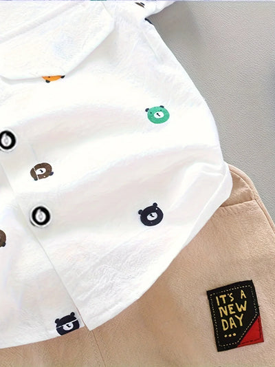 Cartoon Bear Boys' Outfit – Short Sleeve Shirt & Printed Shorts