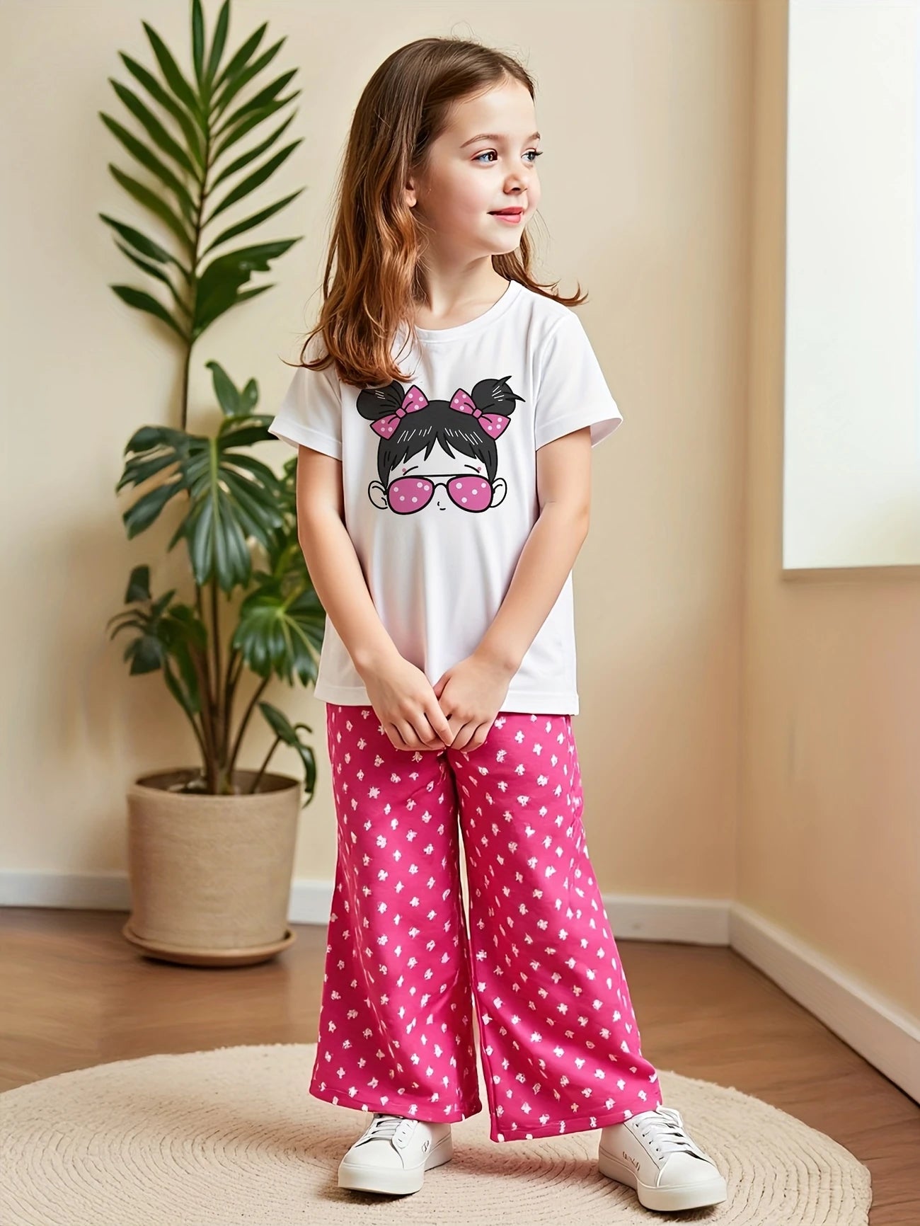 Girls’ Summer Cartoon Outfit Set – Short Sleeve Top & Long Pants
