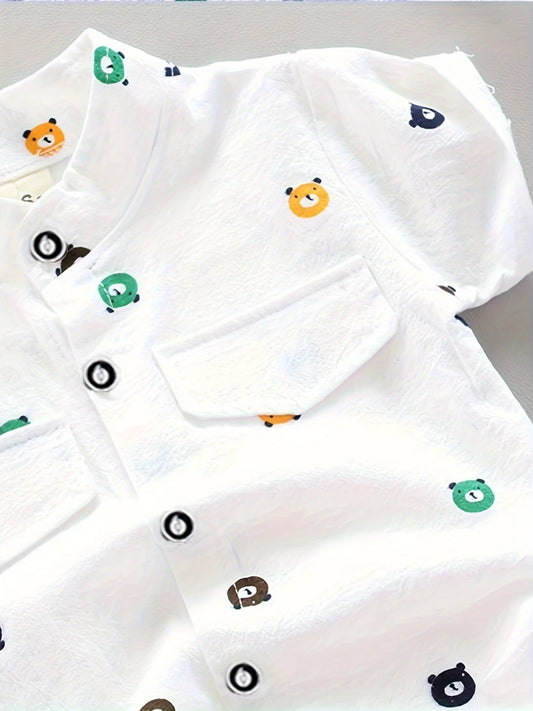 Cartoon Bear Boys' Outfit – Short Sleeve Shirt & Printed Shorts