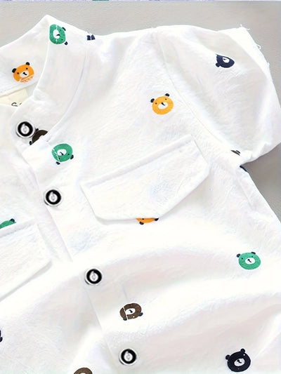 Cartoon Bear Boys' Outfit – Short Sleeve Shirt & Printed Shorts