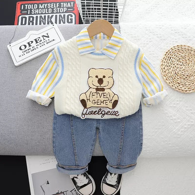 3-Piece Bear Sweater Vest and Striped Shirt Set