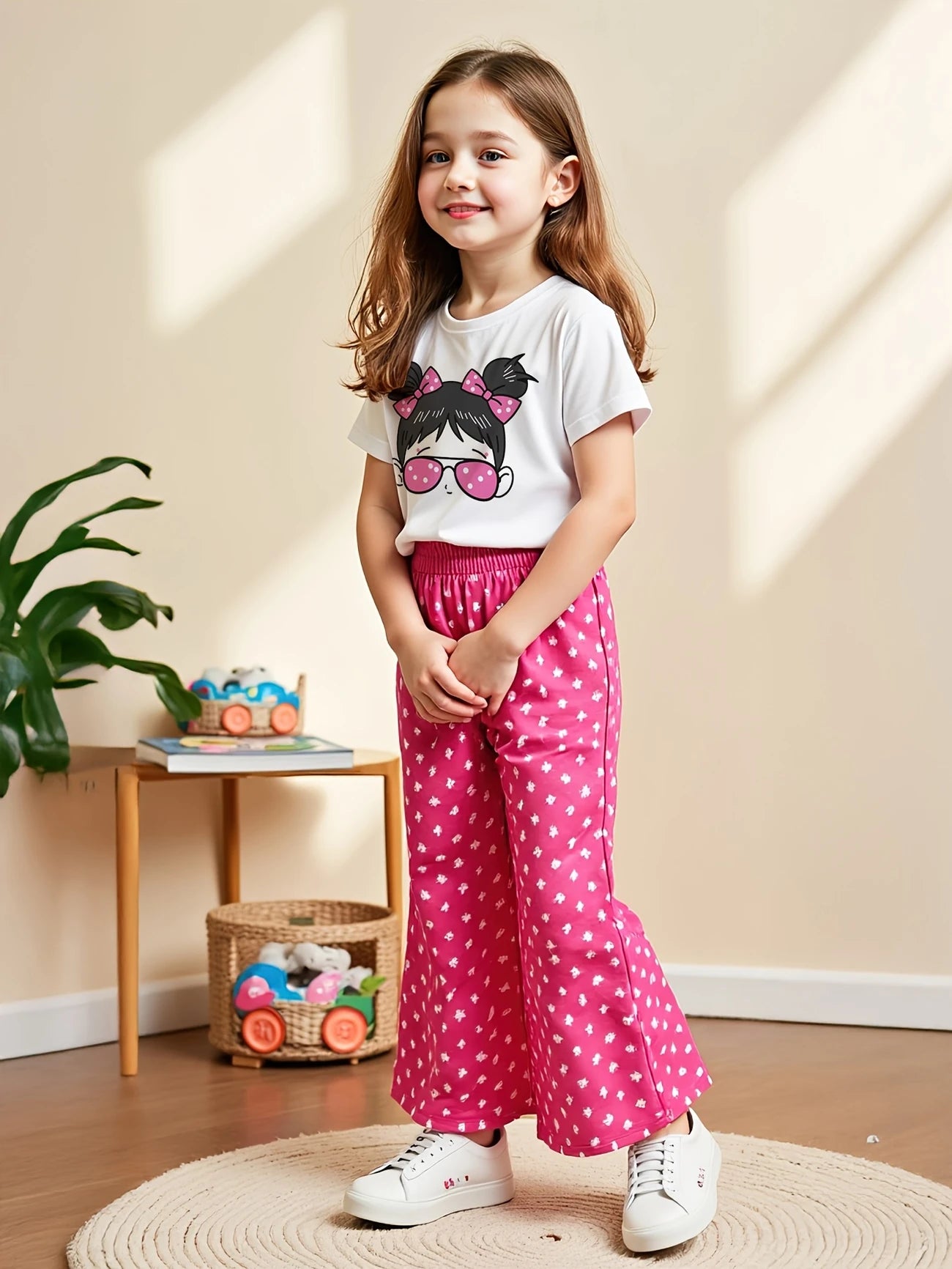 Girls’ Summer Cartoon Outfit Set – Short Sleeve Top & Long Pants