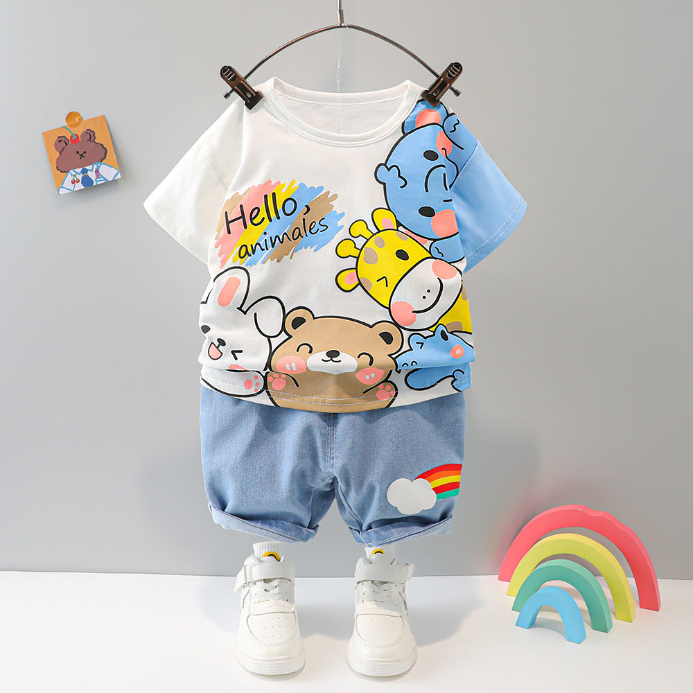Baby "Hello Animals" T-shirt & Denim Shorts Set