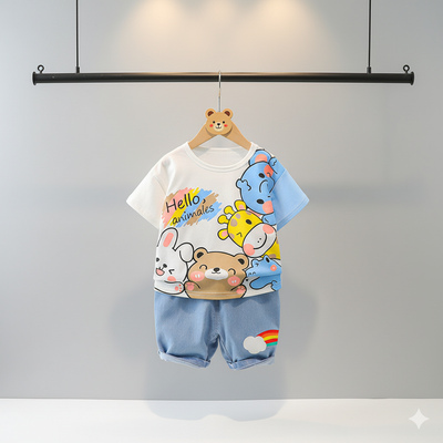 Baby "Hello Animals" T-shirt & Denim Shorts Set