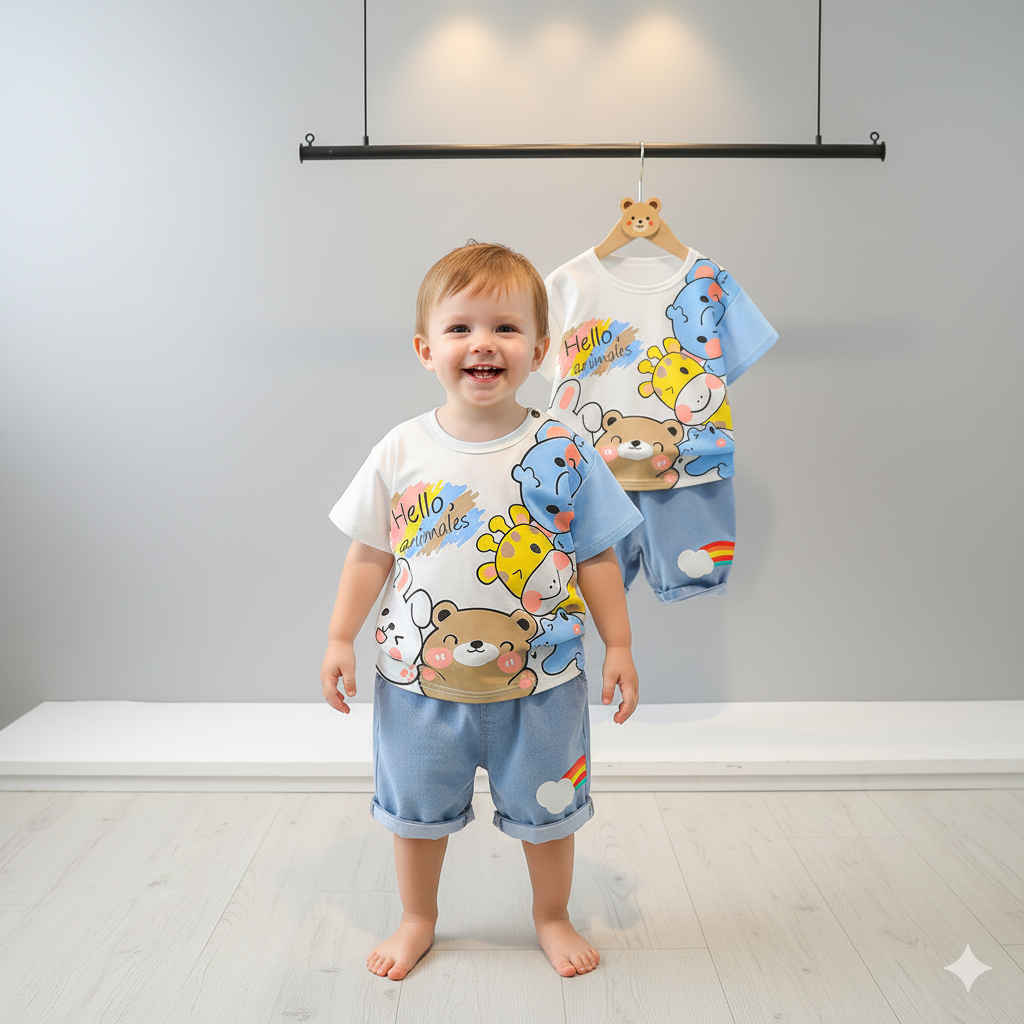 Baby "Hello Animals" T-shirt & Denim Shorts Set