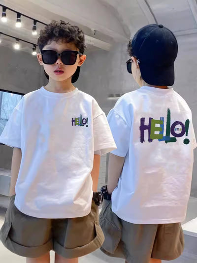 “Hello!” Embroidered White Unisex T-Shirt
