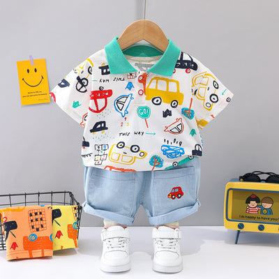Baby's Car Print Polo & Denim Shorts Set