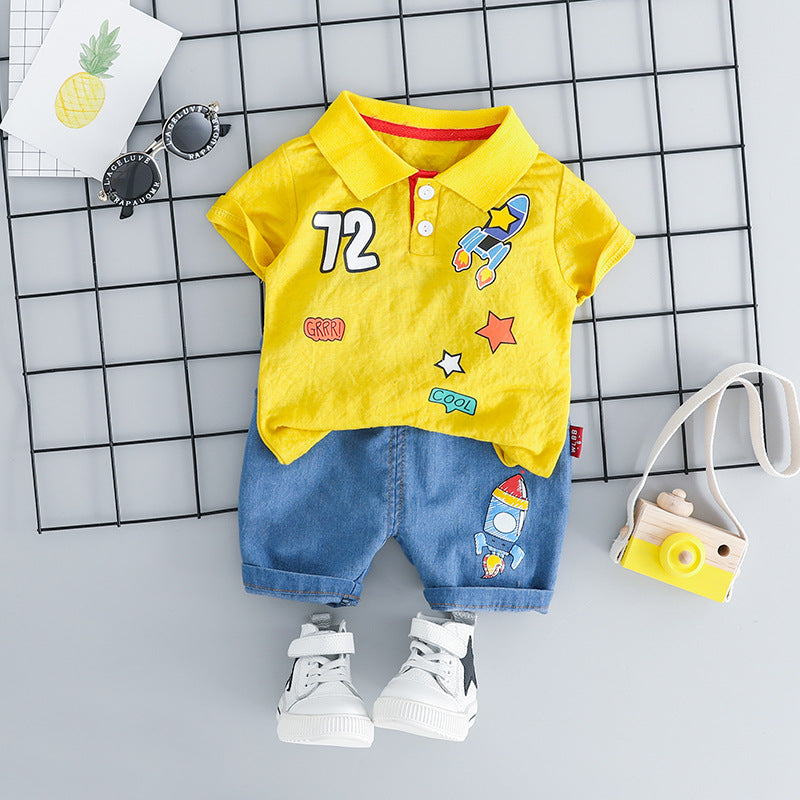 Baby Yellow Rocket Polo Shirt & Denim Shorts Set