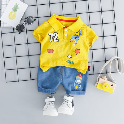 Baby Yellow Rocket Polo Shirt & Denim Shorts Set