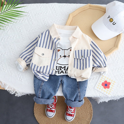 Toddler 3-Piece Striped Patchwork Button-Down and Denim Set