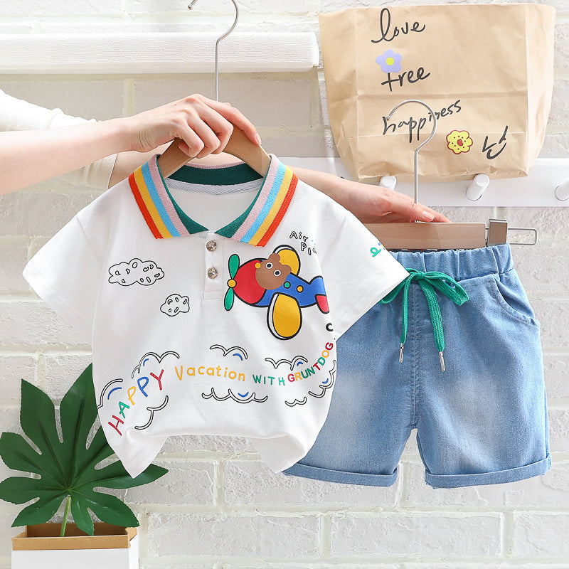 Toddler's Airplane Polo & Denim Shorts Set