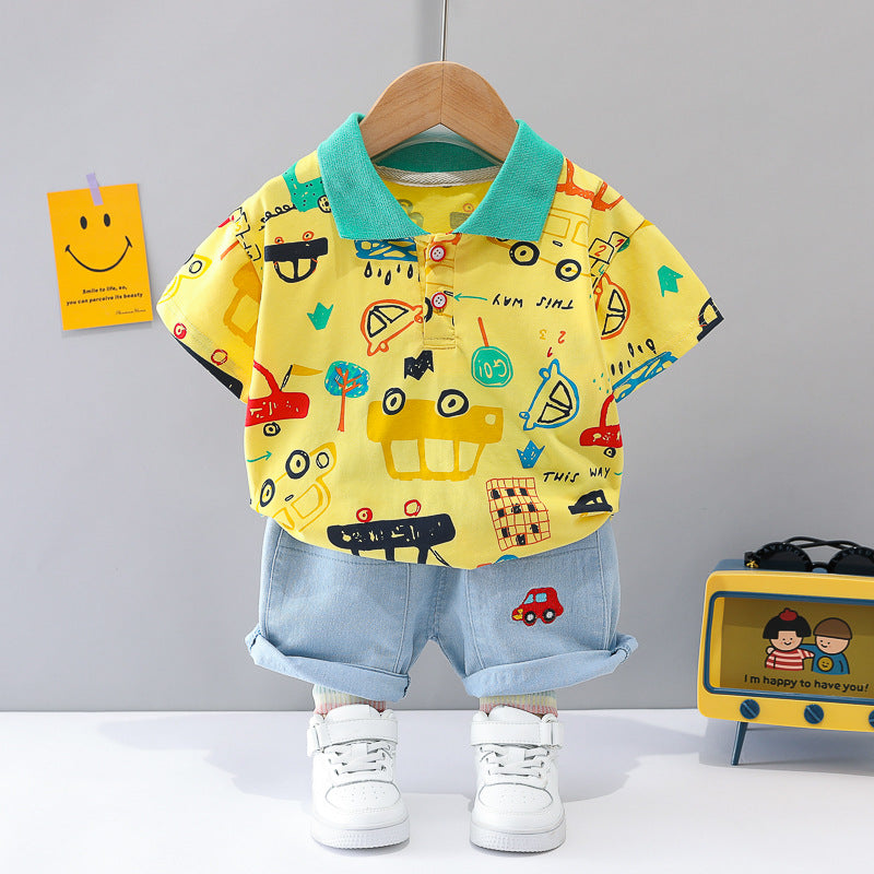 Baby's Car Print Polo & Denim Shorts Set
