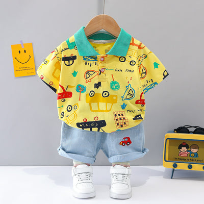 Baby's Car Print Polo & Denim Shorts Set