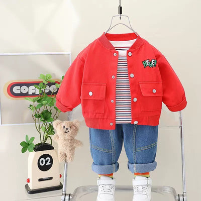 Toddler 3-Piece Red Bomber Jacket and Denim Pants Set