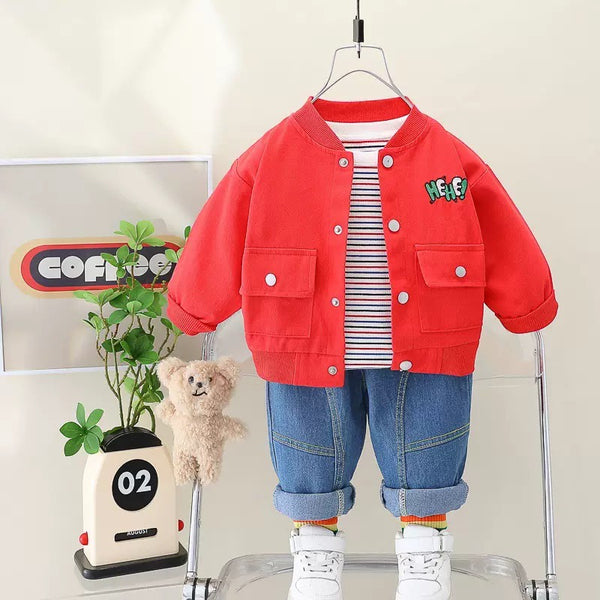 Toddler 3-Piece Red Bomber Jacket and Denim Pants Set