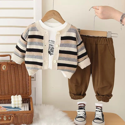 Toddler 3-Piece Striped Knit Cardigan and Trouser Set
