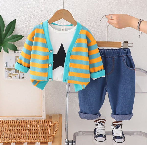 3-Piece Teal & Orange Striped Cardigan and Jeans Set
