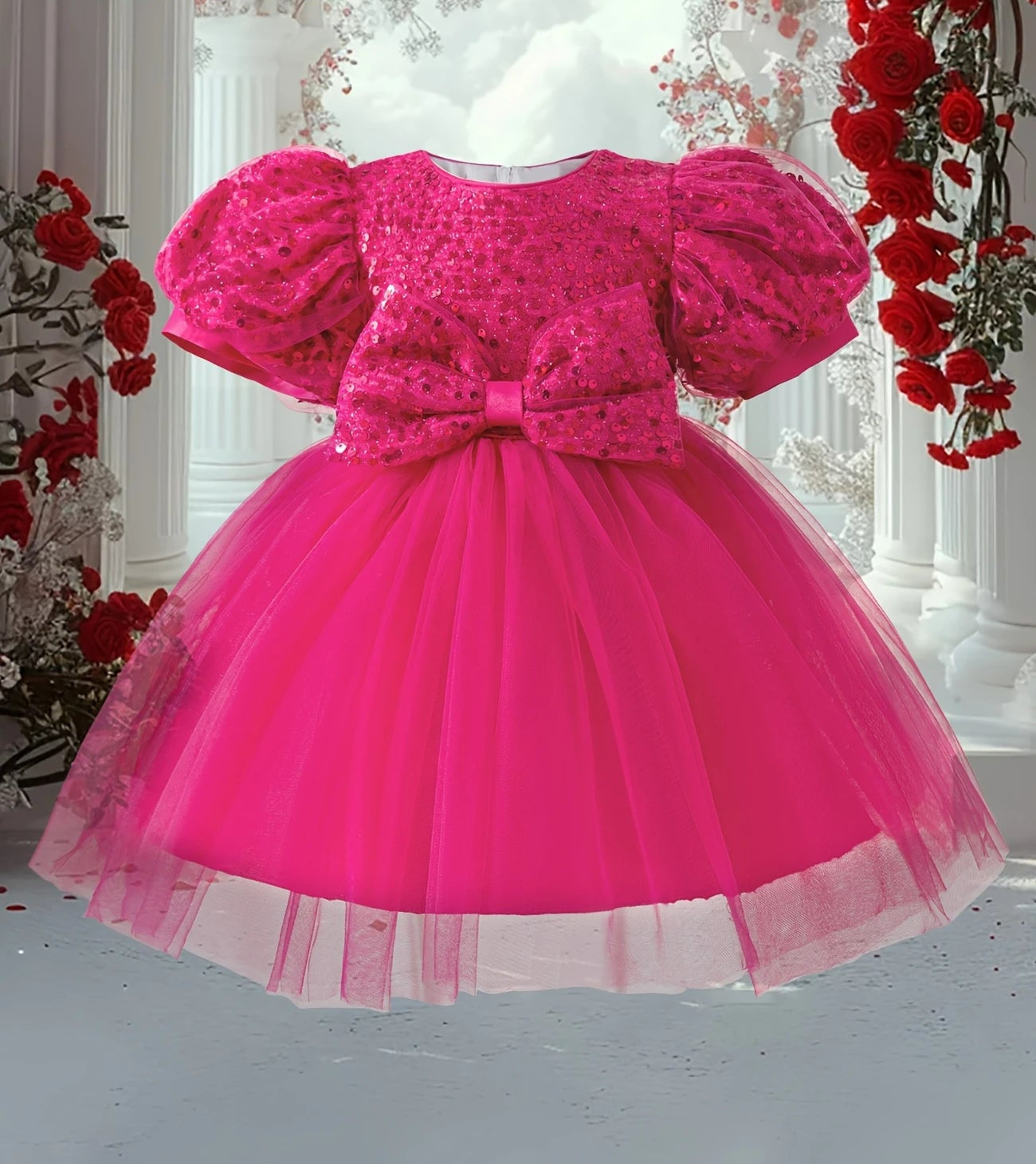 Pink sequin princess dress with puff sleeves, bow, tulle skirt, and back zip for girls.