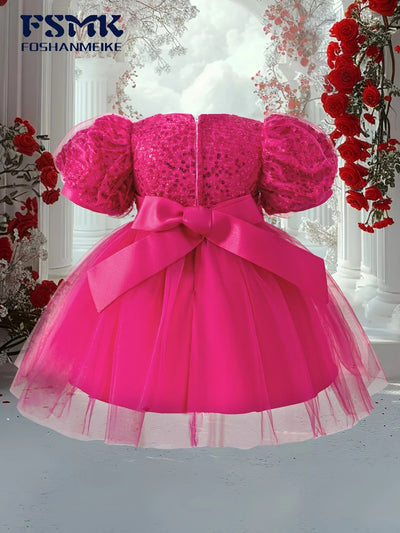 Pink Sequin Puff Sleeve Princess Dress with Bow & Layered Tulle Skirt
