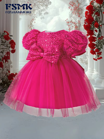 Pink Sequin Puff Sleeve Princess Dress with Bow & Layered Tulle Skirt