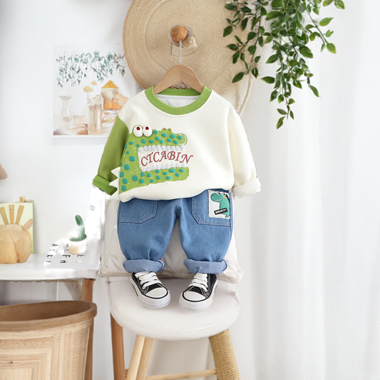 Baby Boy Crocodile Print 2-Piece Suit | Sweatshirt & Denim Pants