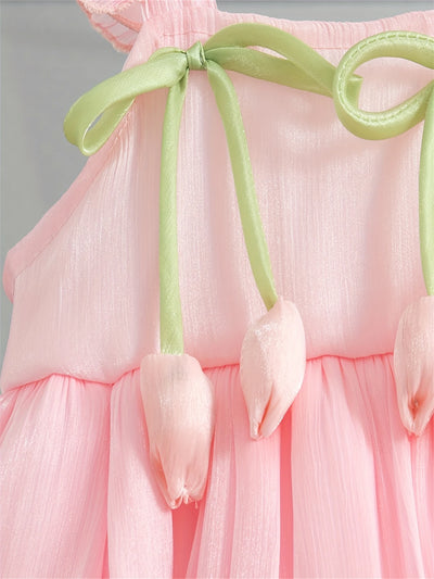 Cute Minies Pink Summer Princess Dress – Baby Girl Sleeveless Outfit with Bows & Ruffles
